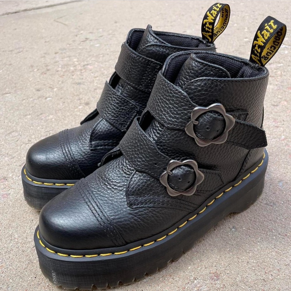 Dr Marten Platform Flower Buckle Black Boots